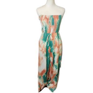Shein Smocked Strapless Green Peach White Tie Dye Wide Leg Jumpsuit, S